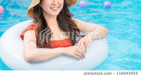 Young Asian woman playing in the pool with a swim ring (vacation, resort, vacation, overseas travel) Young Asian woman playing in the pool with a swim ring (vacation, resort, vacation, overseas travel) 116043959