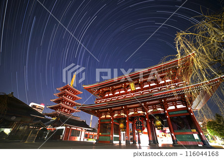 Hozomon Gate of Sensoji Temple and star trails Hozomon Gate of Sensoji Temple and star trails 116044168