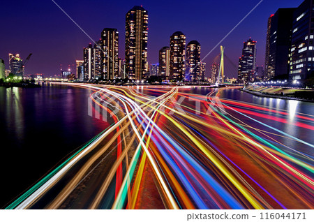 The light trail of a houseboat seen from Eitai Bridge 116044171