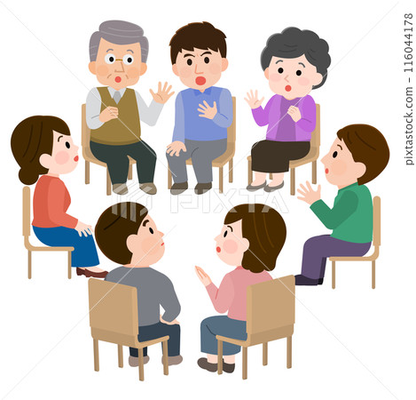 多人圍成一圈說話，憤怒的自助小組會議插圖 116044178