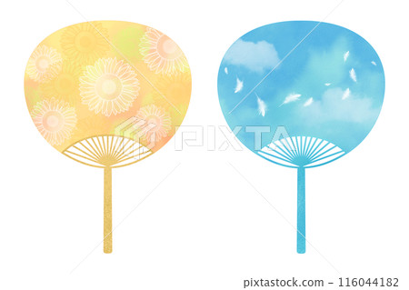 A symbol of summer: sunflowers and a fan against the blue sky 116044182