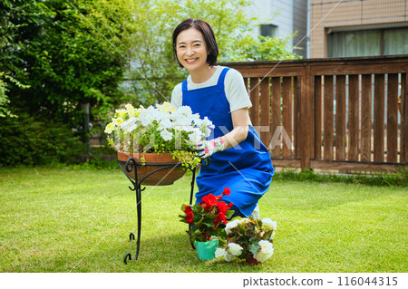 A smiling middle-aged woman planting flowers 116044315