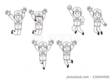 A person in work clothes jumping 116044400