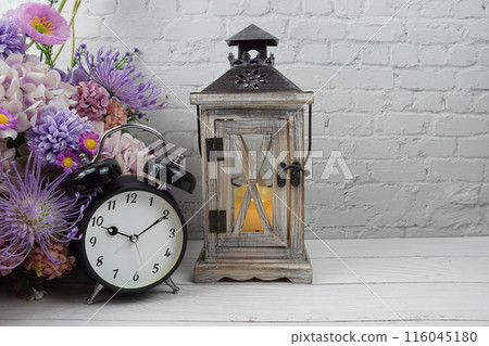 Wood Lantern with LED candle light with alarm clock and flowers, home decoration 116045180