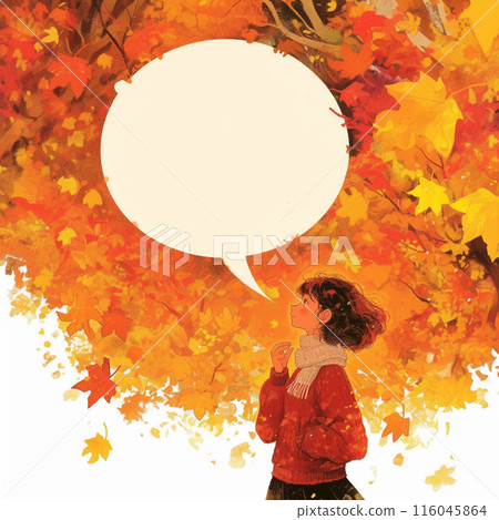 A woman looking up at autumn leaves and a speech bubble 116045864