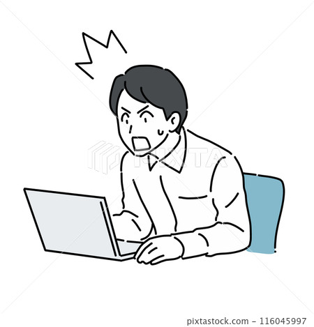 A man leans forward in surprise while looking at a computer 116045997