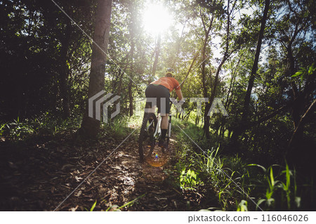 Mountain biking on spring forest trail Mountain biking on spring forest trail 116046026