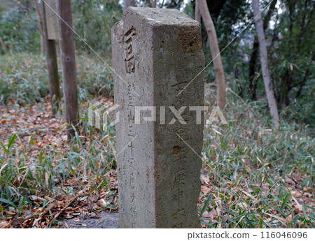 Tama Nature Trail: A stone monument of the Fujiko sect from the first year of the Man'en era near the information sign at the Ozawa Castle ruins Tama Nature Trail: A stone monument of the Fujiko sect from the first year of the Man'en era near the information sign at the Ozawa Castle ruins 116046096