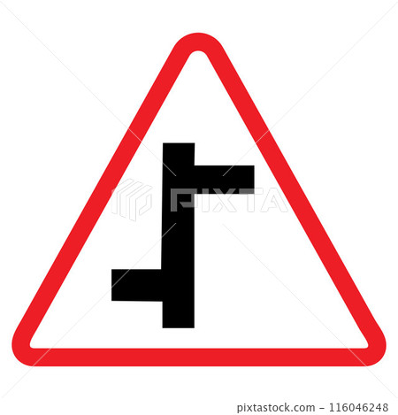 staggered intersection warning sign, red triangle, black arrow, traffic symbol, Cautionary Road Sign. 116046248