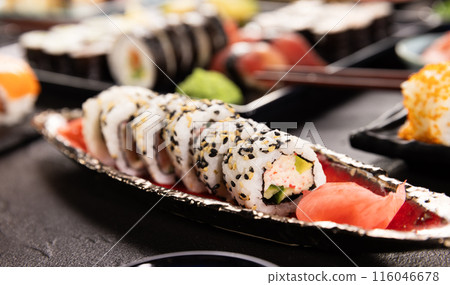 Detailed View of Various Kind of Sushi Pieces. 116046678