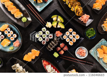 Top View of Various Kind of Sushi Pieces. Top View of Various Kind of Sushi Pieces. 116046683