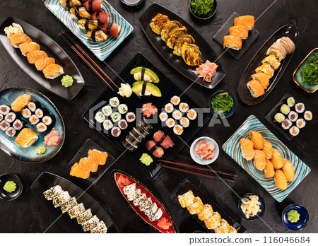 Top View of Various Kind of Sushi Pieces. 116046684