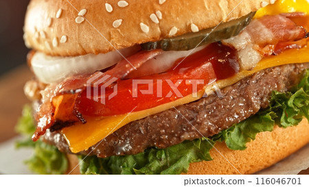 Delicious Hamburger in Extreme Closeup. 116046701