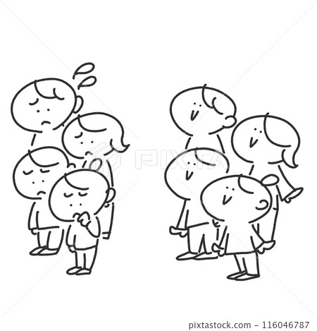 Smiling family looking up into the distance, Depressed family, People, Happiness, Unhappiness, Simple and cute line drawing illustration 116046787