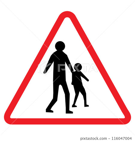 school ahead warning sign, red triangle, black arrow, traffic symbol, Cautionary Road Sign. 116047004