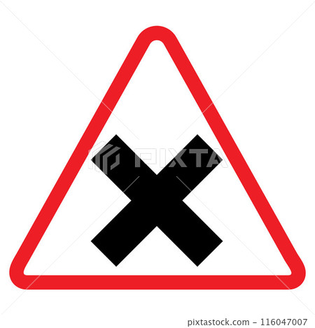 cross road warning sign, red triangle, black arrow, traffic symbol, Cautionary Road Sign. cross road warning sign, red triangle, black arrow, traffic symbol, Cautionary Road Sign. 116047007