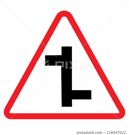 staggered intersection warning sign, red triangle, black arrow, traffic symbol, Cautionary Road Sign. staggered intersection warning sign, red triangle, black arrow, traffic symbol, Cautionary Road Sign. 116047022