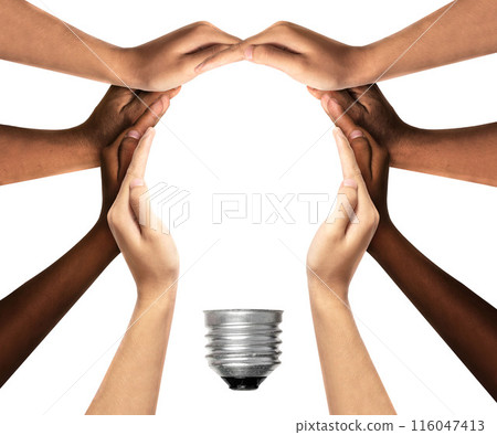 Symbols and shapes of light bulbs created by hand. People thinking together and team ideas coming together joining hands. 116047413