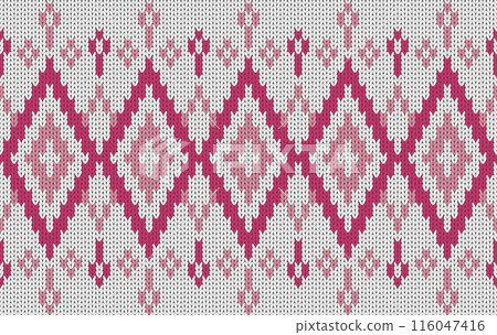 Knitted pattern seamless fabric white-red color tone. traditional knitted pattern vector ethnic style. Designed for background ,wallpaper ,carpet ,clothing ,knitted pattern ,fabric ,pixel art ,textile 116047416