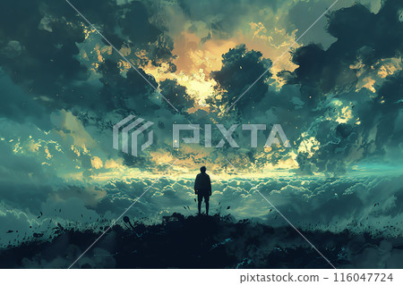 A solitary figure stands atop a hill, gazing at a dramatic, cloud-filled sky with vibrant, colorful hues, evoking a sense of wonder and contemplation. 116047724