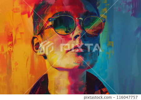 Vibrant portrait of a person wearing sunglasses with bold colors and artistic brushstrokes, capturing a modern and edgy look. Vibrant portrait of a person wearing sunglasses with bold colors and artistic brushstrokes, capturing a modern and edgy look. 116047757