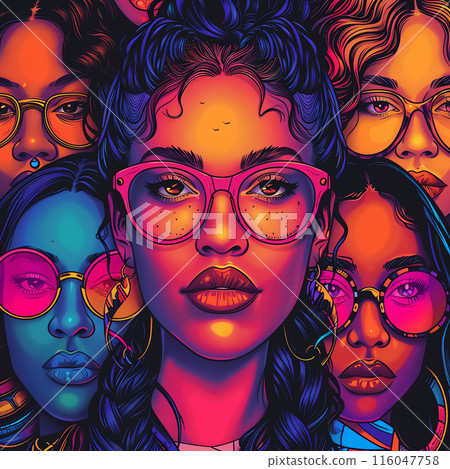 Vibrant digital artwork of powerful women with colorful glasses, expressing individuality and modern style. Vibrant digital artwork of powerful women with colorful glasses, expressing individuality and modern style. 116047758