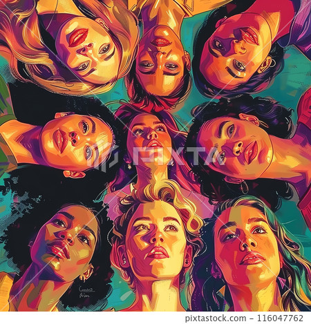 Colorful group portrait of diverse women, artistically illustrated with vibrant colors and expressive faces in abstract style. 116047762