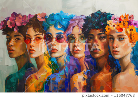 Vibrant portrait of six women with unique hairstyles and floral crowns, showcasing diverse beauty and modern artistic expression. 116047768