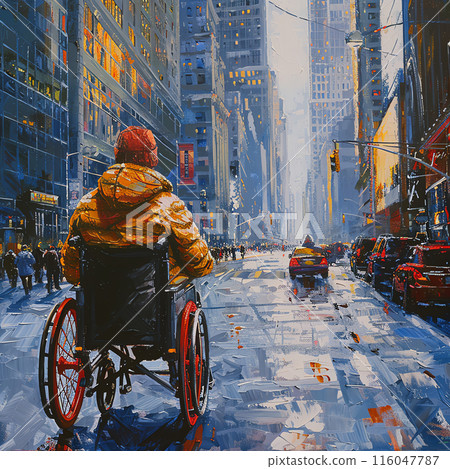 Man in a wheelchair on a busy city street, vibrant urban scene with buildings and traffic, morning light illumination. Man in a wheelchair on a busy city street, vibrant urban scene with buildings and traffic, morning light illumination. 116047787