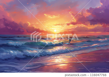 A breathtaking sunset over a serene beach, with vibrant colors reflecting on the waves and clouds, capturing the beauty of nature. A breathtaking sunset over a serene beach, with vibrant colors reflecting on the waves and clouds, capturing the beauty of nature. 116047788