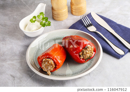 Stuffed bell pepper with minced meat and rice Stuffed bell pepper with minced meat and rice 116047912