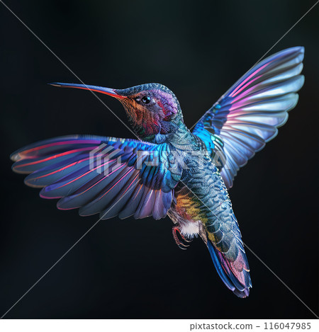 A vibrant hummingbird in flight displays its colorful feathers against a dark background, showcasing nature's beauty and precision. A vibrant hummingbird in flight displays its colorful feathers against a dark background, showcasing nature's beauty and precision. 116047985