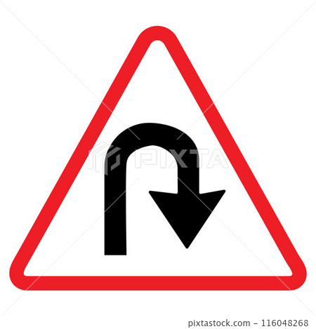 Left hair pin bend warning sign, red triangle, black arrow, traffic symbol, Cautionary Road Sign. 116048268