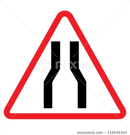 Narrow road ahead warning sign, red triangle, black arrow, traffic symbol, Cautionary Road Sign. Narrow road ahead warning sign, red triangle, black arrow, traffic symbol, Cautionary Road Sign. 116048304