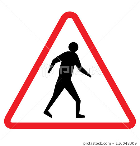 Pedestrian crossing warning sign, red triangle, black arrow, traffic symbol, Cautionary Road Sign. 116048309