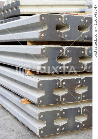 Concrete piles foundation on construction site Concrete piles foundation on construction site 116048347