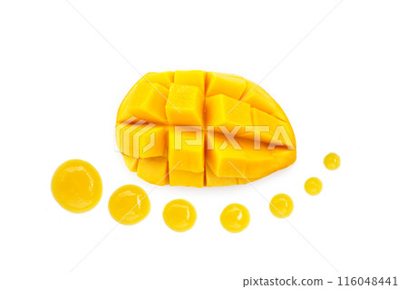 Mango with mango sauce on white background. 116048441