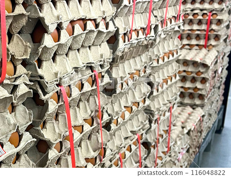 Chicken eggs in egg tray for sale in supermarket Chicken eggs in egg tray for sale in supermarket 116048822