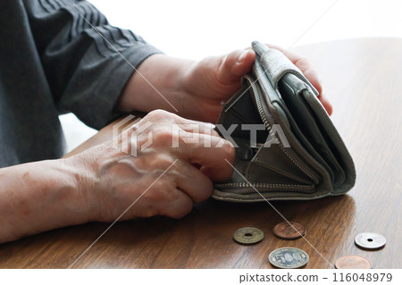 The hands of an elderly woman taking coins out of her wallet 116048979