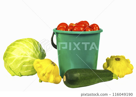 Cabbage, bucket with tomatoes, zucchini and squash on a white background 116049190
