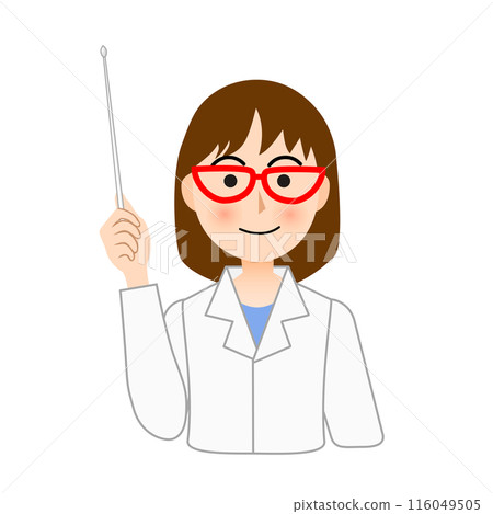 A smiling woman in a white coat giving an explanation A smiling woman in a white coat giving an explanation 116049505