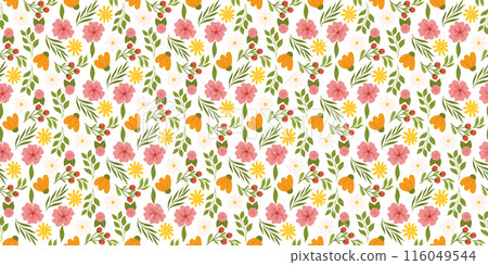 Seamless design with floral elements. Botanical-inspired repetitive fabric or wallpaper pattern with yellow and orange flowers, red berries, leaves, and cherry blossom. 116049544