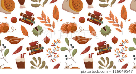 Autumn themed seamless pattern showcasing cozy elements such as books, cups of hot beverages, knitting supplies, and various fall leaves and acorns. Fall mood textile print 116049547