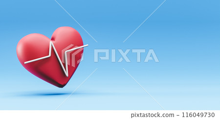 3D rendering of heart with pulse line on blue background 116049730