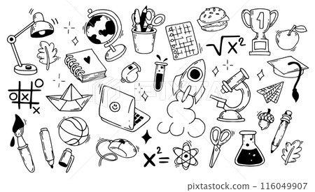 set of cute elements on the back to school theme. doodle illustration education, school 116049907