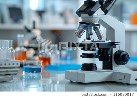 A close-up of a microscope in a laboratory setting with test tubes by Generative AI 116050017