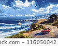 A red classic car traveling along a winding coastal road with stunning ocean views, by Generative AI 116050042