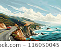 An artistic illustration of a coastal road winding along a cliffside with a red car driving on it by Generative AI 116050045