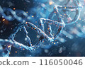 This image shows a close-up view of an illuminated DNA double helix structure with glowing particles against a blue background. by Generative AI 116050046