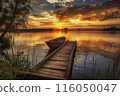 A serene sunset over a calm lake with a wooden pier and an anchored boat. by Generative AI 116050047